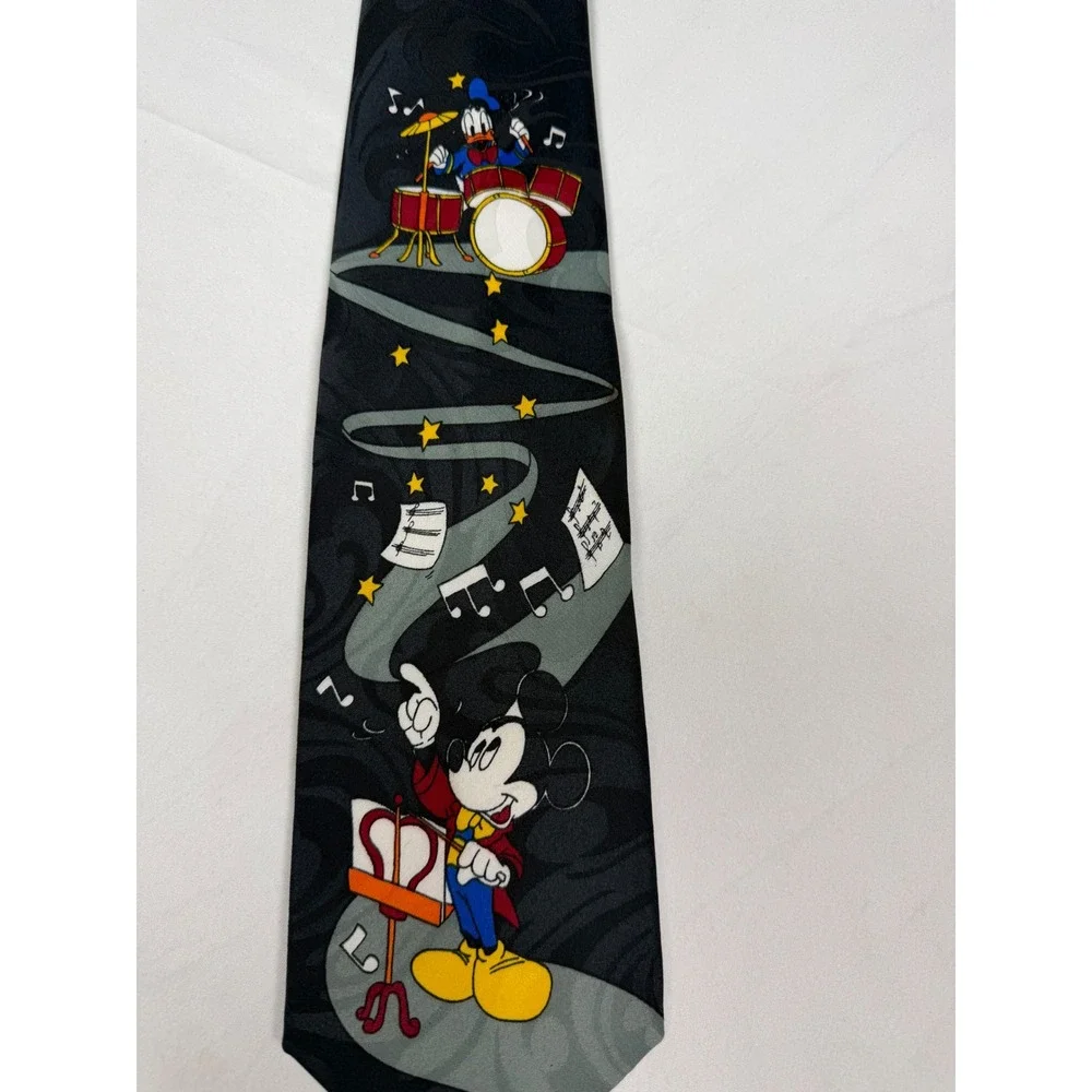 Vintage Mickey Unlimited Disney Mickey Donald Music Conductor Black Silk Tie USA
